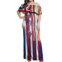 Hawaiian Sea Animals Off Shoulder Maxi Dress with Lei and Flag Style