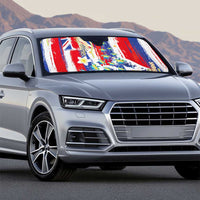 Hawaiian Sea Turtles and Plumeria Auto Sun Shade with Lei and Flag Grunge Style