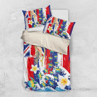 Hawaiian Sea Turtles and Plumeria Bedding Set with Lei and Flag Grunge Style