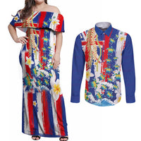 Hawaiian Sea Turtles and Plumeria Couples Matching Off Shoulder Maxi Dress and Long Sleeve Button Shirt with Lei and Flag Grunge Style LT03 Multicolor - Polynesian Pride