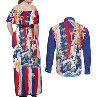 Hawaiian Sea Turtles and Plumeria Couples Matching Off Shoulder Maxi Dress and Long Sleeve Button Shirt with Lei and Flag Grunge Style LT03 - Polynesian Pride
