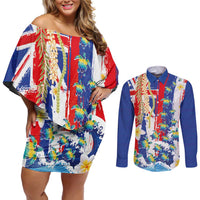 Hawaiian Sea Turtles and Plumeria Couples Matching Off Shoulder Short Dress and Long Sleeve Button Shirt with Lei and Flag Grunge Style LT03 Multicolor - Polynesian Pride