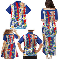Hawaiian Sea Turtles and Plumeria Family Matching Puletasi and Hawaiian Shirt with Lei and Flag Grunge Style LT03 - Polynesian Pride