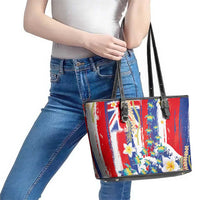 Hawaiian Sea Turtles and Plumeria Leather Tote Bag with Lei and Flag Grunge Style LT03 - Polynesian Pride
