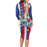 Hawaiian Sea Turtles and Plumeria Long Sleeve Bodycon Dress with Lei and Flag Grunge Style LT03 - Polynesian Pride