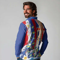 Hawaiian Sea Turtles and Plumeria Long Sleeve Polo Shirt with Lei and Flag Grunge Style LT03 - Polynesian Pride