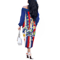 Hawaiian Sea Turtles and Plumeria Off The Shoulder Long Sleeve Dress with Lei and Flag Grunge Style LT03 - Polynesian Pride