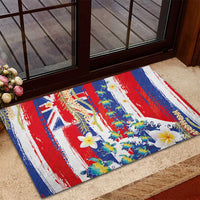 Hawaiian Sea Turtles and Plumeria Rubber Doormat with Lei and Flag Grunge Style