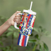 Hawaiian Sea Turtles and Plumeria Tumbler With Handle with Lei and Flag Grunge Style LT03 - Polynesian Pride