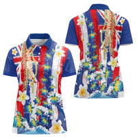 Hawaiian Sea Turtles and Plumeria Women Polo Shirt with Lei and Flag Grunge Style LT03 - Polynesian Pride