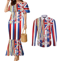 Hawaiian Polynesian Tribal Turtles Couples Matching Mermaid Dress and Long Sleeve Button Shirt with Lei and Flag Style LT03 Multicolor - Polynesian Pride