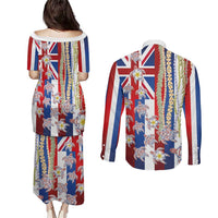 Hawaiian Polynesian Tribal Turtles Couples Matching Puletasi and Long Sleeve Button Shirt with Lei and Flag Style LT03 - Polynesian Pride