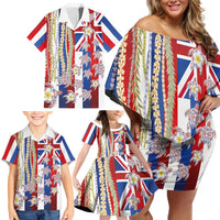 Hawaiian Polynesian Tribal Turtles Family Matching Off Shoulder Short Dress and Hawaiian Shirt with Lei and Flag Style LT03 - Polynesian Pride