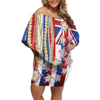 Hawaiian Polynesian Tribal Turtles Family Matching Off Shoulder Short Dress and Hawaiian Shirt with Lei and Flag Style LT03 Mom's Dress Multicolor - Polynesian Pride