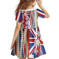 Hawaiian Polynesian Tribal Turtles Kid Short Sleeve Dress with Lei and Flag Style