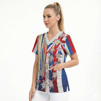Hawaiian Polynesian Tribal Turtles Scrub Top with Lei and Flag Style