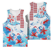 Hawaiian Tribal Manta Ray Basketball Jersey Kakau Tattoo and Flowers Surfing Waves Pattern Ocean Color LT03 - Polynesian Pride