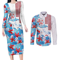 Hawaiian Tribal Manta Ray Couples Matching Long Sleeve Bodycon Dress and Long Sleeve Button Shirt Kakau Tattoo and Flowers Surfing Waves Pattern Ocean Color LT03 Multicolor - Polynesian Pride