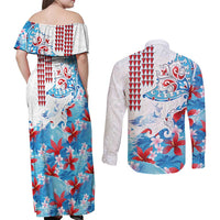 Hawaiian Tribal Manta Ray Couples Matching Off Shoulder Maxi Dress and Long Sleeve Button Shirt Kakau Tattoo and Flowers Surfing Waves Pattern Ocean Color LT03 - Polynesian Pride