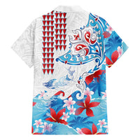 Hawaiian Tribal Manta Ray Family Matching Long Sleeve Bodycon Dress and Hawaiian Shirt Kakau Tattoo and Flowers Surfing Waves Pattern Ocean Color LT03 - Polynesian Pride