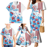 Hawaiian Tribal Manta Ray Family Matching Mermaid Dress and Hawaiian Shirt Kakau Tattoo and Flowers Surfing Waves Pattern Ocean Color LT03 - Polynesian Pride