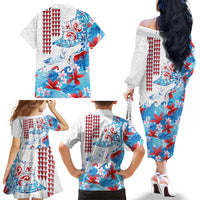 Hawaiian Tribal Manta Ray Family Matching Off The Shoulder Long Sleeve Dress and Hawaiian Shirt Kakau Tattoo and Flowers Surfing Waves Pattern Ocean Color LT03 - Polynesian Pride
