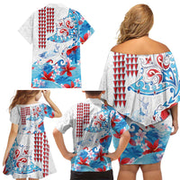 Hawaiian Tribal Manta Ray Family Matching Off Shoulder Short Dress and Hawaiian Shirt Kakau Tattoo and Flowers Surfing Waves Pattern Ocean Color LT03 - Polynesian Pride