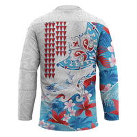 Hawaiian Tribal Manta Ray Hockey Jersey Kakau Tattoo and Flowers Surfing Waves Pattern Ocean Color LT03 - Polynesian Pride
