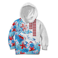 Hawaiian Tribal Manta Ray Kid Hoodie Kakau Tattoo and Flowers Surfing Waves Pattern Ocean Color LT03 Hoodie Multicolor - Polynesian Pride