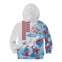 Hawaiian Tribal Manta Ray Kid Hoodie Kakau Tattoo and Flowers Surfing Waves Pattern Ocean Color LT03 - Polynesian Pride