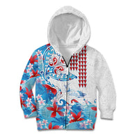 Hawaiian Tribal Manta Ray Kid Hoodie Kakau Tattoo and Flowers Surfing Waves Pattern Ocean Color LT03 Zip Hoodie Multicolor - Polynesian Pride