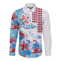 Hawaiian Tribal Manta Ray Long Sleeve Button Shirt Kakau Tattoo and Flowers Surfing Waves Pattern Ocean Color LT03 Unisex Multicolor - Polynesian Pride
