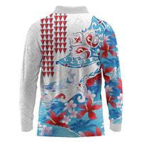 Hawaiian Tribal Manta Ray Long Sleeve Polo Shirt Kakau Tattoo and Flowers Surfing Waves Pattern Ocean Color LT03 - Polynesian Pride