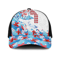 Hawaiian Tribal Manta Ray Mesh Trucker Cap Kakau Tattoo and Flowers Surfing Waves Pattern Ocean Color