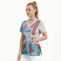 Hawaiian Tribal Manta Ray Scrub Top Kakau Tattoo and Flowers Surfing Waves Pattern Ocean Color