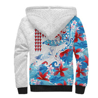 Hawaiian Tribal Manta Ray Sherpa Hoodie Kakau Tattoo and Flowers Surfing Waves Pattern Ocean Color LT03 - Polynesian Pride