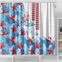 Hawaiian Tribal Manta Ray Shower Curtain Kakau Tattoo and Flowers Surfing Waves Pattern Ocean Color LT03 - Polynesian Pride