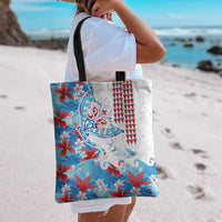 Hawaiian Tribal Manta Ray Tote Bag Kakau Tattoo and Flowers Surfing Waves Pattern Ocean Color LT03 - Polynesian Pride