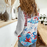 Hawaiian Tribal Manta Ray Women Casual Shirt Kakau Tattoo and Flowers Surfing Waves Pattern Ocean Color LT03 - Polynesian Pride