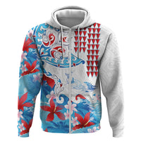 Hawaiian Tribal Manta Ray Zip Hoodie Kakau Tattoo and Flowers Surfing Waves Pattern Ocean Color LT03 Zip Hoodie Multicolor - Polynesian Pride