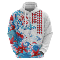 Hawaiian Tribal Manta Ray Zip Hoodie Kakau Tattoo and Flowers Surfing Waves Pattern Ocean Color LT03 - Polynesian Pride