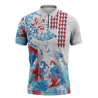 Hawaiian Tribal Manta Ray Zipper Polo Shirt Kakau Tattoo and Flowers Surfing Waves Pattern Ocean Color LT03 Multicolor - Polynesian Pride
