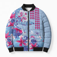 Hawaiian Tribal Manta Ray Bomber Puffer Jacket Kakau Tattoo and Flowers Surfing Waves Pattern Soft Color