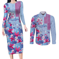 Hawaiian Tribal Manta Ray Couples Matching Long Sleeve Bodycon Dress and Long Sleeve Button Shirt Kakau Tattoo and Flowers Surfing Waves Pattern Soft Color LT03 Multicolor - Polynesian Pride