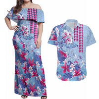 Hawaiian Tribal Manta Ray Couples Matching Off Shoulder Maxi Dress and Hawaiian Shirt Kakau Tattoo and Flowers Surfing Waves Pattern Soft Color LT03 Multicolor - Polynesian Pride