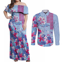Hawaiian Tribal Manta Ray Couples Matching Off Shoulder Maxi Dress and Long Sleeve Button Shirt Kakau Tattoo and Flowers Surfing Waves Pattern Soft Color LT03 Multicolor - Polynesian Pride