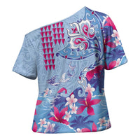 Hawaiian Tribal Manta Ray Cross Shoulder Shirt Kakau Tattoo and Flowers Surfing Waves Pattern Soft Color LT03 - Polynesian Pride