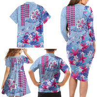 Hawaiian Tribal Manta Ray Family Matching Long Sleeve Bodycon Dress and Hawaiian Shirt Kakau Tattoo and Flowers Surfing Waves Pattern Soft Color LT03 - Polynesian Pride