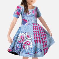 Hawaiian Tribal Manta Ray Family Matching Off Shoulder Maxi Dress and Hawaiian Shirt Kakau Tattoo and Flowers Surfing Waves Pattern Soft Color LT03 Daughter's Dress Multicolor - Polynesian Pride