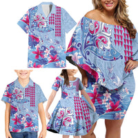 Hawaiian Tribal Manta Ray Family Matching Off Shoulder Short Dress and Hawaiian Shirt Kakau Tattoo and Flowers Surfing Waves Pattern Soft Color LT03 - Polynesian Pride